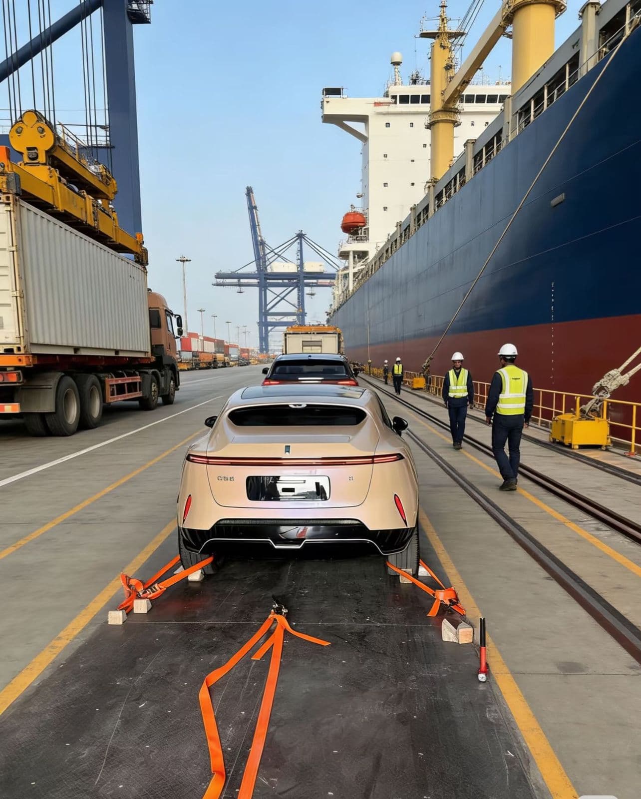 Lashing a vehicle at the quayside